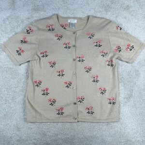 Christopher & Banks Tan Floral Embroidered Short Sleeve Cardigan Sweater Small